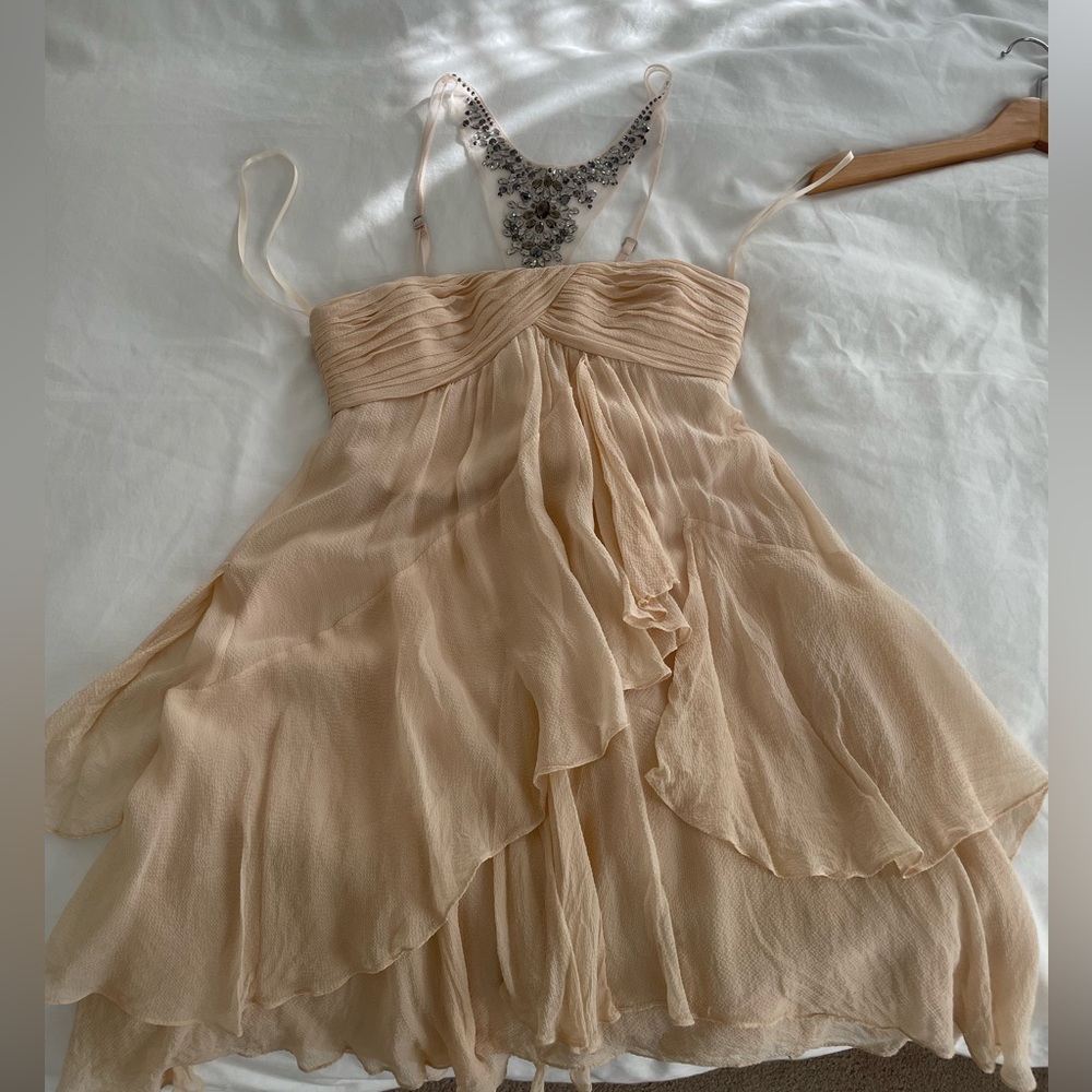 BCBGMaxAzria Embellished Neck Cream Mini Dress